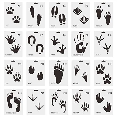 jojobasec 20 Stück Tier-Fußabdruck-Malschablonen, wiederverwendbar, Zeichenvorlagen für Liebhaber, Kinder, Frauen, Männer, Studenten, Geschenk von jojobasec