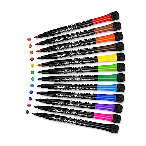 jojobasec Magnetische Marker, Wboard-Stifte in 12 verschiedenen Farben, trocken abwischbare Stifte mit Radiergummis für Zuhause, Schule, Büro von jojobasec