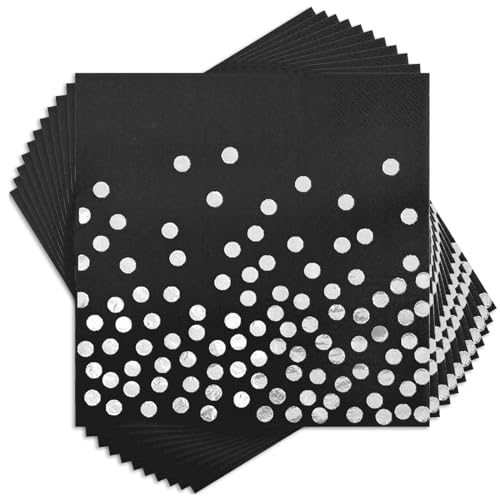 100 Stück schwarze Cocktail-Servietten Einweg-Schwarz Getränkepapier Servietten Silber Punkt Mittagessen Servietten für Hochzeit Geburtstag Abendessen Abschluss Jahrestag Party Supplies, 6.5x6.5 Zoll von joy akkess