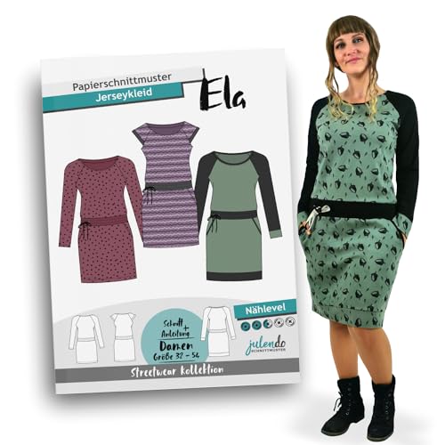 JULENDO Schnittmuster Jerseykleid Ela | Papierschnittmuster für Damen mit Nähanleitung - Raglanärmel (PS-012-54) von julendo