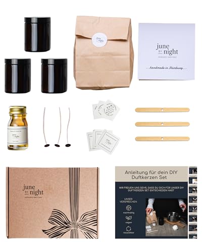 juneBYnight Kerzenherstellungsset & Zubehör, Kit, DIY Kerzenherstellung, Duftkerze Geschenke Set, Inklusive Sojawachs, Glas, Dochte, Dochthalter - 3x180ml Süßholz von juneBYnight MORGANIC EMOTIONS