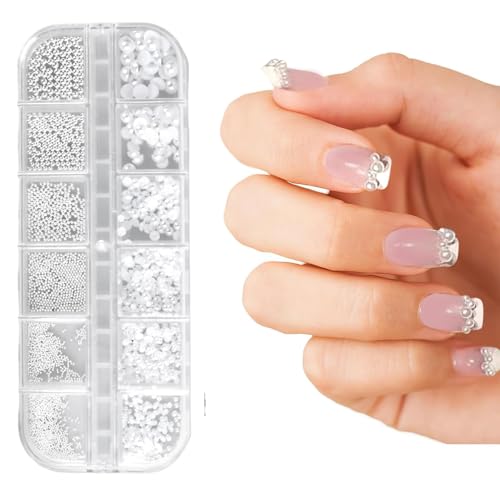 Jushion Nail charms, 1 Schachtel 12 Größe Nail Art Strasssteine, Weiße Perlen Für Nägel Halbrunde Perlenkugeln Nail Charms Caviar Beads Weiße Flatback-Perlen für Frauen Acryl Dekorationen von jushion