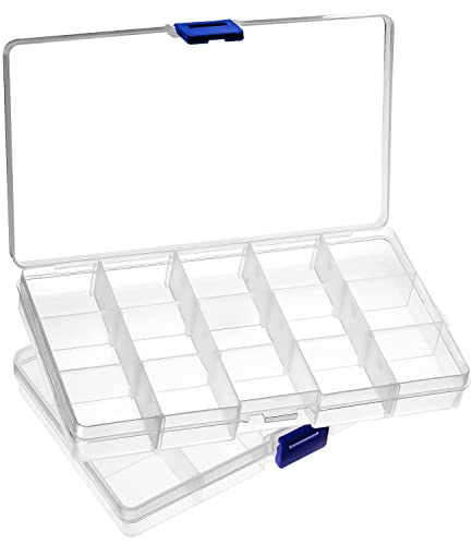 jutyum Sortierbox mit 15 Fächern und Deckel, 2 Stück Plastik Sortierboxen Einstellbar Sortimentskasten, Schmuck Organizer Box für Kleinteile Nähzubehör Schmuck Ringe Ohrringe, Aufbewahrungsboxen von jutyum