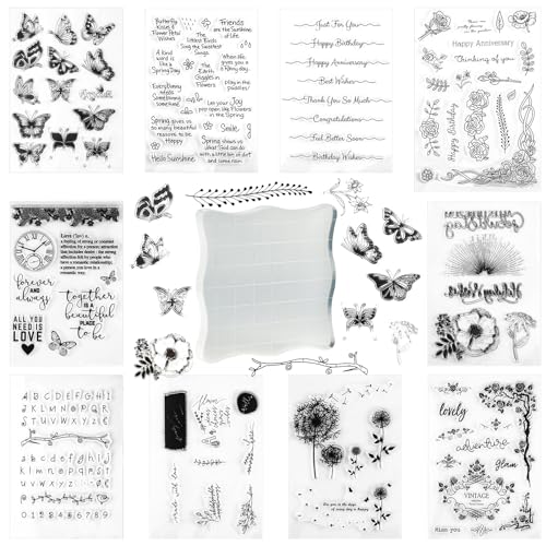 10 bögen Silikonstempel Set, Clear Stamp Blumen Farn Schmetterling Pflanzen Sprüche, Silikon Stempel mit Acrylblock, Vintage Stempel Set für Scrapbooking Fotoalbum DIY Handwerk Journal von jwogngls