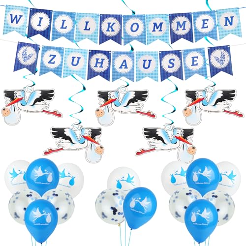 Willkommen Zuhause Baby Banner, Blau Welcome Home Baby Dekorationen mit 5 Stück Storch Geburt Dekorationen und Luftballons für Baby Willkommen Zeremonie, Baby Begrüßung Party, Home Decoration von jwogngls