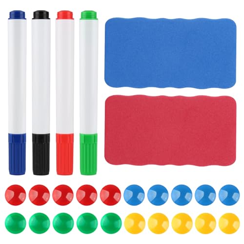 jwogngls 26 Stück 2x Whiteboard-Schwamm Magnetisch Tafellöscher,Whiteboard-Stifte, Whiteboard Marker, 4x bunte magnetische Marker + 20 Magnetische Schnalle von jwogngls