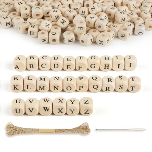 jwogngls 300 Stück Holzbuchstaben Perlen, Holzperlen Buchstaben Holzbuchstaben Perlen Würfel Holzperlen Auffädeln Würfel Holzperlen Alphabet Beads, Buchstaben Würfelperlen für Armbänder Halsketten von jwogngls