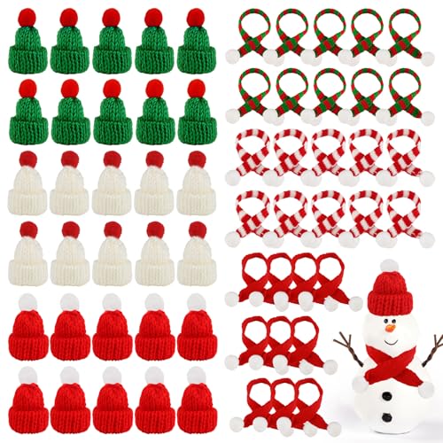 jwogngls 60 Stück Mini Weihnachtsmütze und Schal Set, Finger Kleine Nikolausmützen, Mini Strickmützen für Weihnachtsfeier Dekor, Flaschendeko und Tischdeko von jwogngls