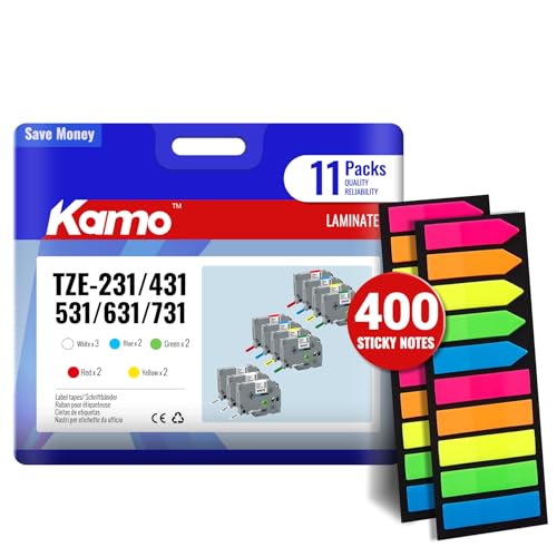 kamo 11x Bänder + Selbstklebende Notizzettel 400 Stück, kompatibel mit Brother P-touch 12mm 0.47 Schriftbänder TZe-231 431 531 631 731 Laminated für PT-P300BT PT-H100R PT-H110 PT-H110 PT-P700 PT-D410 von kamo