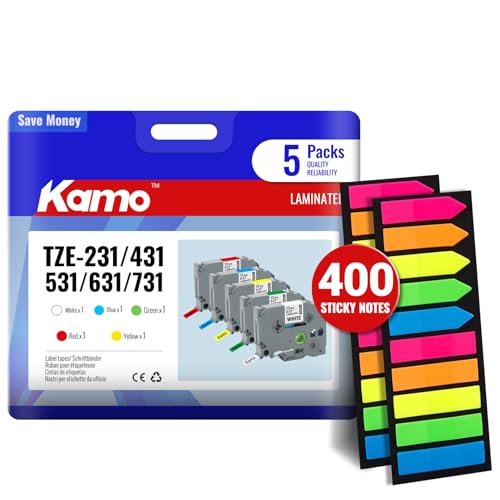 kamo 5x Bänder + Selbstklebende Notizzettel 400 Stück, kompatibel mit Brother P-touch 12mm 0.47 Schriftbänder TZe-231 431 531 631 731 Laminated für PT-P300BT PT-H100R PT-H110 PT-H110 PT-P700 PT-D410 von kamo