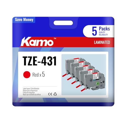 kamo 5x Bänder kompatibel mit Brother P-touch 12mm 0.47 Schriftbänder TZe-431 TZe431 TZ-431 TZ431 Laminated Rot, für Beschriftungsgerät PT-P300BT PT-H100R PT-H110 PT-H110 PT-P700 PT-D410 PT-H200 von kamo