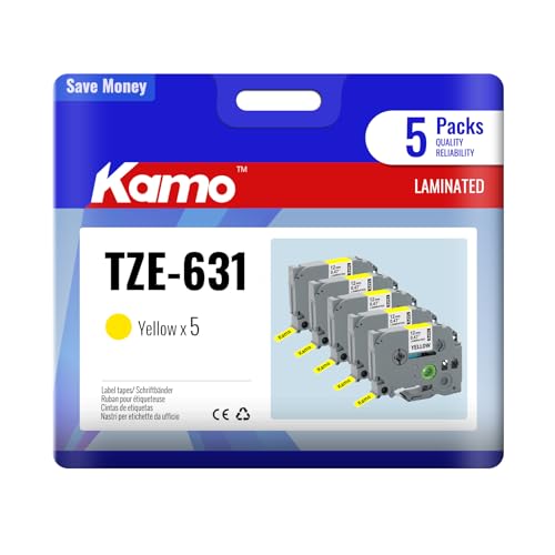 kamo 5x Bänder kompatibel mit Brother P-touch 12mm 0.47 Schriftbänder TZe-631 TZe631 TZ-631 TZ631 Laminated Gelb, für Beschriftungsgerät PT-P300BT PT-H100R PT-H110 PT-H110 PT-P700 PT-D410 PT-H200 von kamo