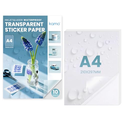 kamo Premium Wasserdichtes Halb Transparentes Stickerpapier – 10 Blätter, Bedruckbares Vinyl-Selbstklebendes Etikett für Laser- und Tintenstrahldrucker, A4, 210 x 297 mm, 1 Etikett pro Blatt kamo Premium Wasserdichtes Halb Transparentes Stickerpapier – 10 Blätter, Bedruckbares Vinyl-Selbstklebendes Etikett für Laser- und Tintenstrahldrucker, A4, 210 x 297 mm, 1 Etikett pro Blatt von kamo