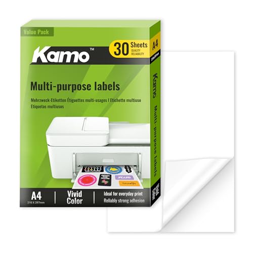 kamo Premium Weißes Stickerpapier – 30 Blätter, Bedruckbare matte Selbstklebende Etiketten für Laser- und Tintenstrahldrucker, A4, 210 x 297 mm, 1 Etikett pro Blatt von kamo