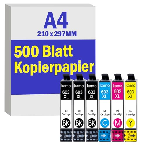 kamo Value Pack 603 XL Druckerpatronen (6er-Pack) + 500 Blatt Kopierpapier A4 (210 x 297 mm), 80 g/m² für Tintenstrahldrucker von kamo