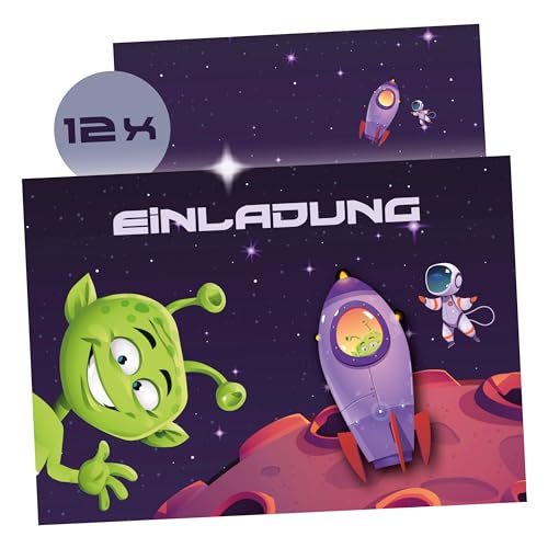 Astronaut • Weltall • Alien - Lustige Einladungskarten für KInder - Geburtstag & Party | Einladungen für Kindergeburtstag Jungen | 12 Karten + 12 bedruckte Umschläge von karten Deluxe