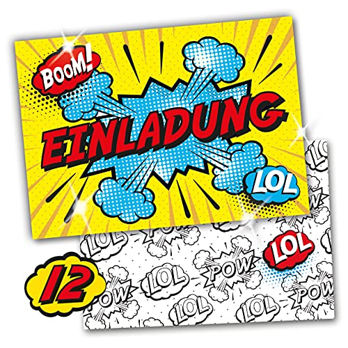 POW!!! SUPERHELDEN Comic Einladungskarten mit Hochglanz-Lack für Geburtstag und Party | Einladungen für Kindergeburtstag Jungen | 12 Karten + 12 bedruckte Umschläge von karten Deluxe