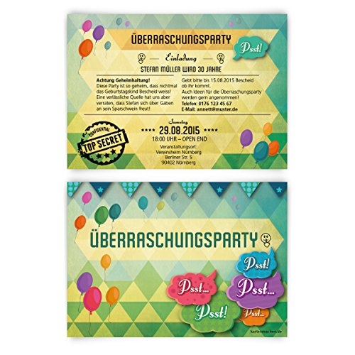 Einladungskarten zum Geburtstag (30 Stück) Überraschungsparty Einladung Party Überraschung von kartenmachen.de