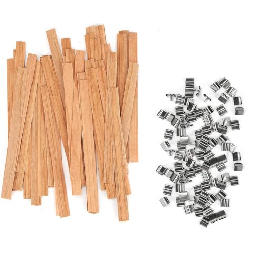 katmerio 50 Stücke Docht für Kerzen Holz Kerze mit 50 Stücke Eisenständer, Rauchfreie Natürliche Umweltfreundliche Holzdochte für Kerzenherstellung 13 x 130mm von katmerio