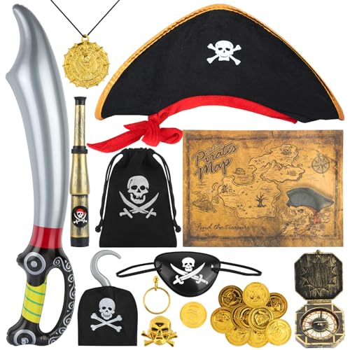 kayqbonke 11-Teilig Piratenkostüm Kinder, Umfassen Pirate Hat, Piratensäbel, Augenklappe Pirat, Schatzkarte, Fernrohr Kinder, Piratenkostüm für Karneval, Halloween und Piraten Party von kayqbonke