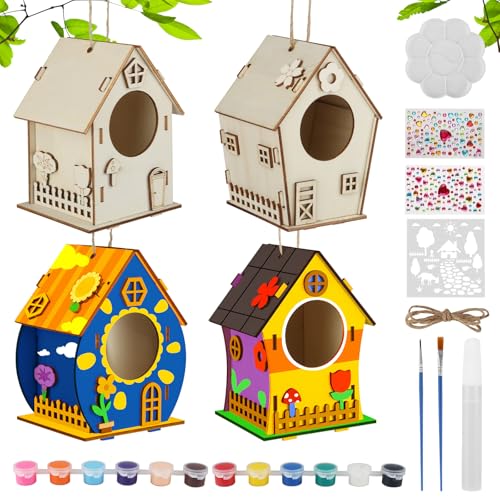 kayqbonke 4 Stück Vogelhaus Bausatz Kinder, Bastelsets für Kinder, DIY Holz Vogelhaus zum Bemalen, Vogelhaus Holz Mit Farbform, Bastelset Kinder für Mädchen Jungen Kleinkinder von kayqbonke