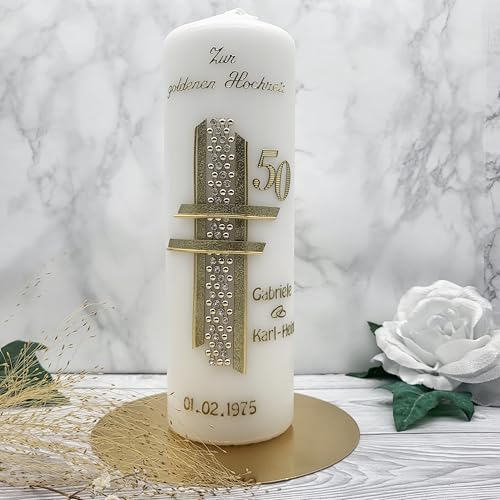 Handverzierte Kerze zur goldenenHochzeit mit Namen & Datum GH-15 -HANDARBEIT Geschenkverpackung und Kerzenständer optional von kerzenfreude