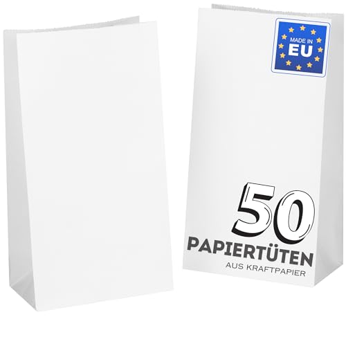 50 Stk. Papiertüten klein 12 x 22 x 6 cm Papiertüte Weiß kleine Geschenktüten Tüten Kindergeburtstag Mitgebsel Kraftpapier Kindergarten Tüte Butterbrottüten Adventskalender zum Befüllen - kgpack von kgpack