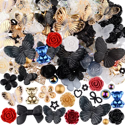 Kikonoke 350 Stück 3D-Harz-ABS-Bunte Rosenblumen-Schleifen, Schmetterling-Charms mit flacher Rückseite, halbrunde Perlen für Armband, Ohrringe, Halskette, Basteln, DIY-Zubehör (schwarz) von kikonoke