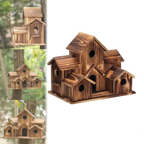 kikxj Vogelhäuser aus Holz mit 6 Löchern für den Außenbereich, Vogelhäuser für draußen, Kolibri-Haus mit 6 Löchern, hängender Vogelhaus-Nistkasten, für Gartenarbeit, Geschenke, Heimdekoration von kikxj