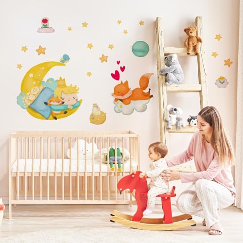 R00571 Wandaufkleber Kind Ökologisches Hypoallergenes Weicher Stoffeffekt Repositionierbar Fabel kleine Prinz Wanddekoration Neugeborene Kinderzimmer Selbstklebende Tapete von kina