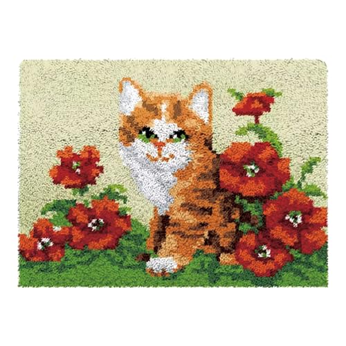 kingsea Knüpfteppich Zum Selber Knüpfen, 50x38cm Knüpfhaken Set Latch Hook Kit DIY Selbst Knüpfen Set für Erwachsene, Katze von kingsea