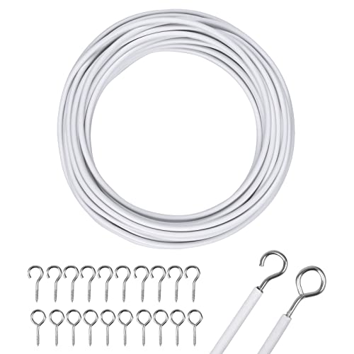 Vorhangdraht Weiß 10M Gardinendraht Curtain Wire Cord Gardinenschnur, Kunststoffbeschichteter Gardinenseil Vorhangseile mit 10St Schraubenösen und 10St Haken für Vorhänge Duschvorhänge Gardinenstangen von kissral