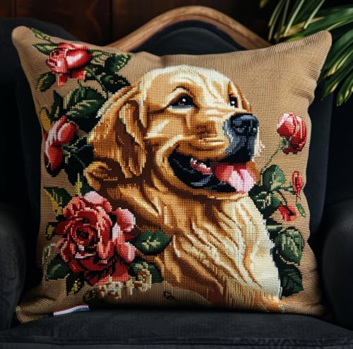 Latch Hook Cushion Kit Rosenblume Und Golden Retriever Hund Toolkit Zum Selber Knüpfen Kissens 43Cmx43Cm von kitphoenix