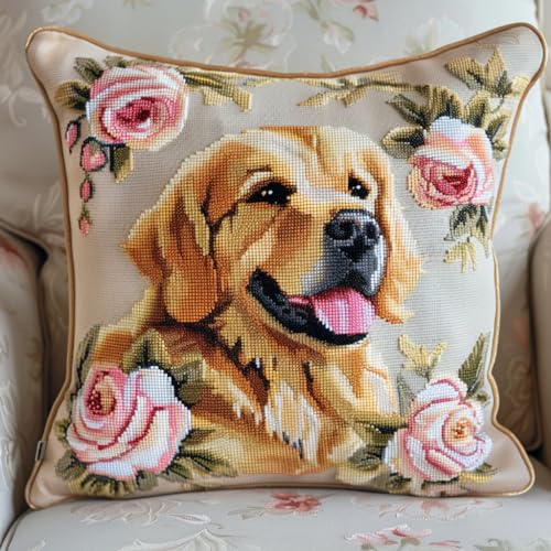 kitphoenix Diy Knüpfkissen Zum Rosenblume Und Golden Retriever Hund Knüpfteppich Set 43Cmx43Cm von kitphoenix