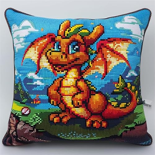 kitphoenix Knüpfen Set Kissen Drachen Latch Hook Kissen Kit für Kinder oder Anfänger Erwachsene zum Selber Knüpfen, DIY Knüpfteppich Knüpfpackung, Knüpfhaken Set 43 x 43 cm von kitphoenix