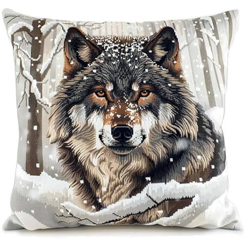 kitphoenix Knüpfen Set Kissenbezüge Wolf Knüpfkissen Set für Anfänger Erwachsene oder Kinder zum Selber Knüpfen, DIY Knüpfteppich Knüpfpackung, Knüpfhaken Set 43 x 43 cm von kitphoenix