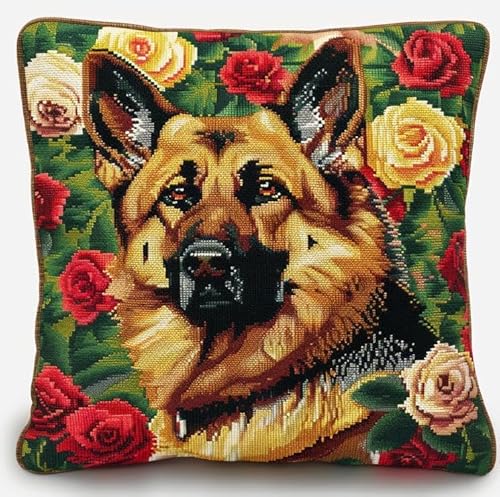 kitphoenix Knüpfkissen Set Deutscher Schäferhund Rose Hintergrund 3D Sofakissenbezug 43Cmx43Cm von kitphoenix