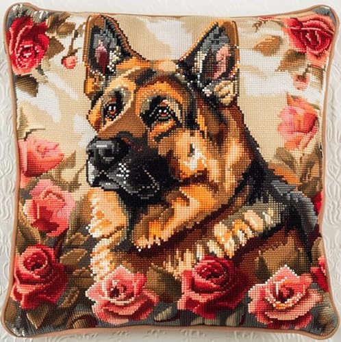 kitphoenix Knüpfkissen Set Deutscher Schäferhund Rose Hintergrund 3D Sofakissenbezug 43Cmx43Cm von kitphoenix