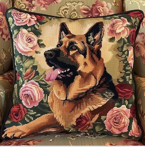 kitphoenix Knüpfkissen Set Deutscher Schäferhund Rose Hintergrund 3D Sofakissenbezug 43Cmx43Cm von kitphoenix