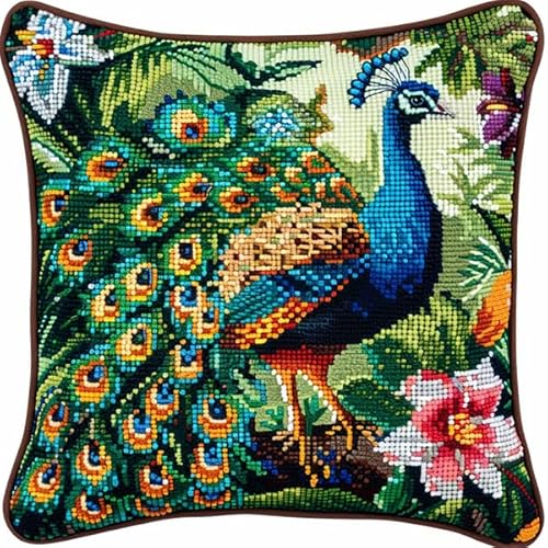 kitphoenix Latch Hook Kissen Kit Pfau Knüpfkissen Set für Anfänger Erwachsene oder Kinder zum Selber Knüpfen, DIY Knüpfteppich Knüpfpackung, Knüpfhaken Set 43 x 43 cm von kitphoenix