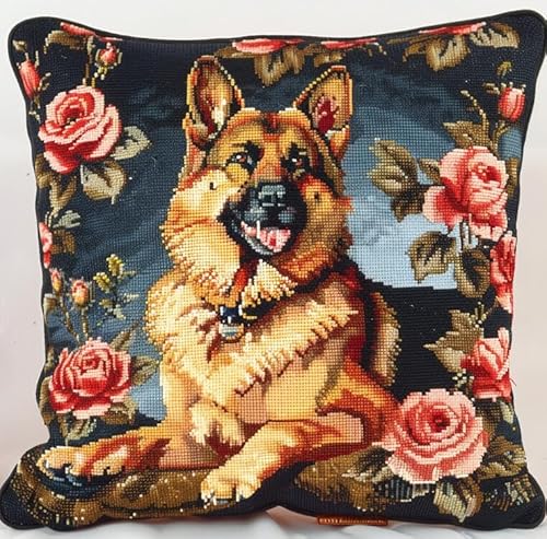 kitphoenix Latch Hook Kit Cushion Deutscher Schäferhund Rose Hintergrund Knüpfkissen Set Mit Knüpfhaken 43Cmx43Cm von kitphoenix