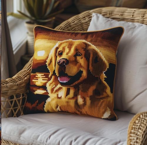 kitphoenix Latch Hook Kit Cushion Golden Retriever Hund Bei Sonnenuntergang Knüpfkissen Set Mit Knüpfhaken 43Cmx43Cm von kitphoenix