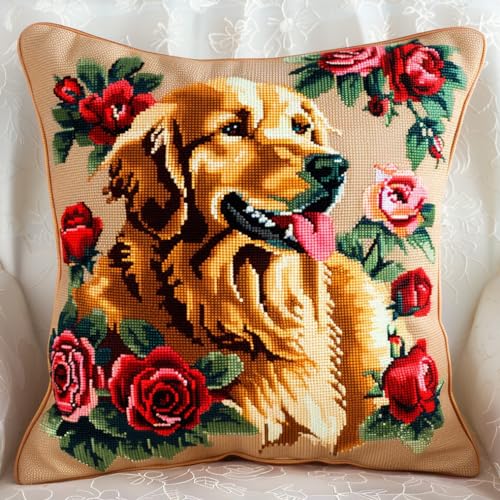 kitphoenix Latch Hook Kit Cushion Rosenblume Und Golden Retriever Hund Knüpfkissen Set Mit Knüpfhaken 43Cmx43Cm von kitphoenix