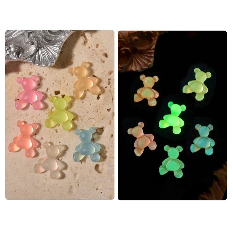 5x Glow in Dark Bear Nail Charms, Art Gummy Resin Dekoration, 3D Nagel Charm von kittynailcharm