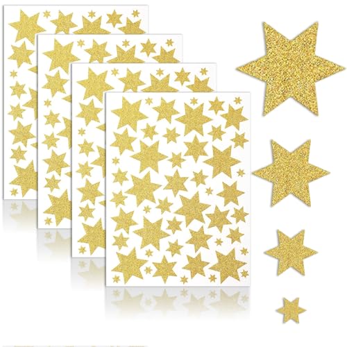 4 Stk. Sterne Sticker Aufkleber, Glitzer Sticker Gold Weihnachtssticker, Geschenkdeko Basteln Glänzend in Gold, Selbstklebend für Scrapbooking, Adventskalender Weihnachtsdeko Geschenk Aufkleber von kitudaty