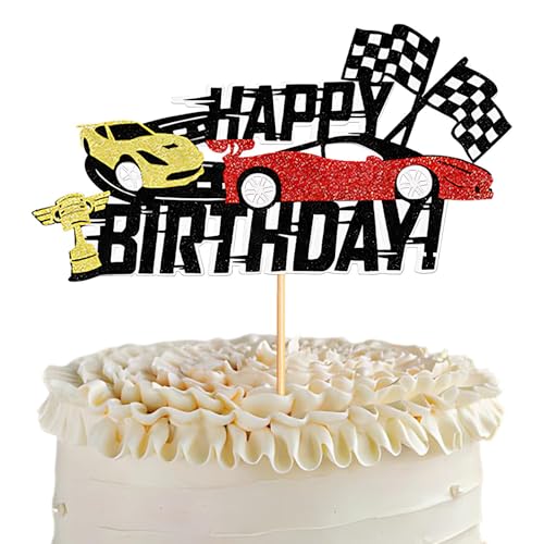 Rennwagen Cake Topper, Racing Themed Card Insertion, Schwarz und Weiß Karierte Flagge Geburtstag Party Dekoration, Auto Geburtstag Kuchen Dekoration für Jungen und Mädchen von kitudaty