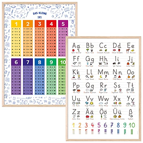 kizibi® 1x1 und Grundschrift Poster Set A2 mit Rahmen Holz Farbe Natur für Kinderzimmer, Lernposter für Mädchen und Jungen, für Kindergarten, Vorschule oder Grundschule von kizibi