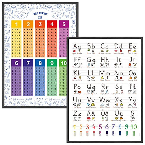 kizibi® 1x1 und Grundschrift Poster Set A2 mit Rahmen Holz Schwarz für Kinderzimmer, Lernposter für Mädchen und Jungen, für Kindergarten, Vorschule oder Grundschule von kizibi