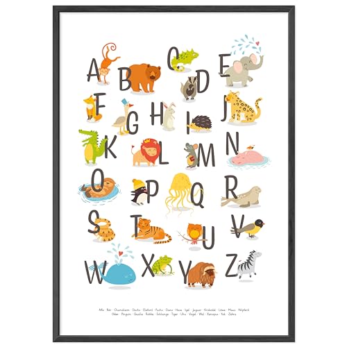 kizibi® ABC Poster DIN A2 mit Rahmen Schwarz für Kinderzimmer, Alphabet Poster für Mädchen und Jungen, Buchstaben zum Lernen, Tier Lernposter mit Buchstaben auf deutsch | Vorschule oder Grundschule von kizibi