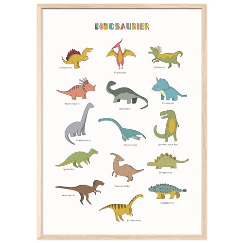 kizibi® Dino Poster mit Rahmen Eiche, Dinosaurier Poster DIN A2, beliebte Dino Deko für Kinder, Kinderposter für Jungen und Mädchen, Premium Wandposter mit Beschriftung von kizibi